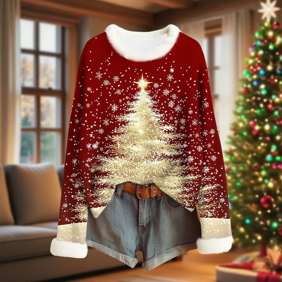 ClodeEU Christmas Shirts for Women,Funny Christmas Graphic,Crewneck Long Sleeve Tops,Sweater in Soft Brushed Ribbed Knit Red 04,Womens Plus M