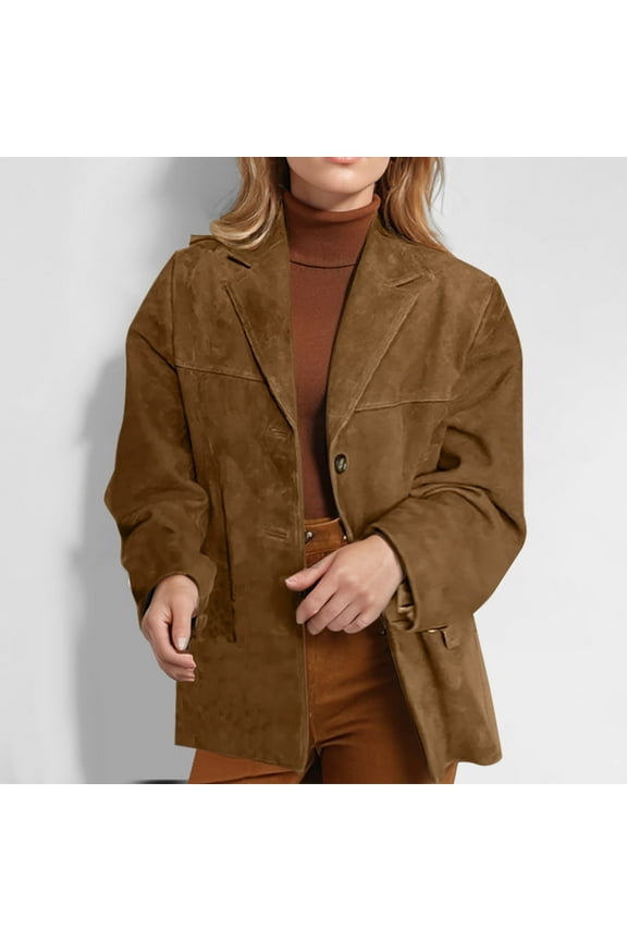 Womens Suede Jacket, Solid Color Lapel Long Sleeved Top Coat Brown,Womens Plus XL