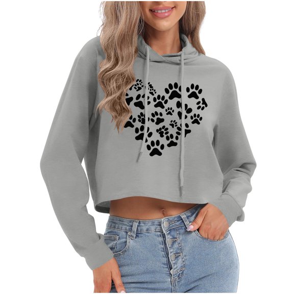 ClodeEU Crop Hoodeid Sweatshirts Tops for Women, Funny Heart Graphic Valentine Shirts , Long Sleeve Valentine Pullover Tops J-Gray,Womens Plus M