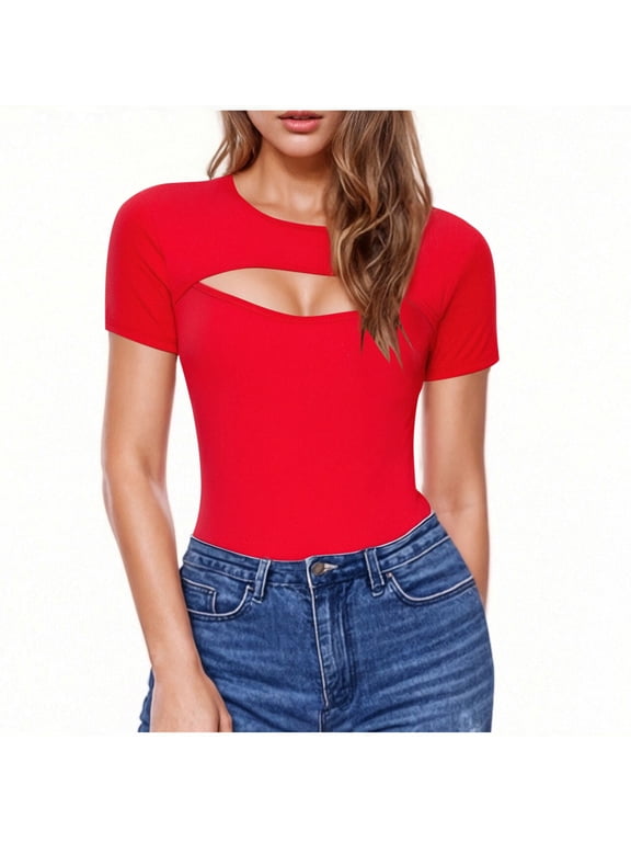 Cut Out Tops for Women,Crewneck Crop Top ,Slim Fitted T-Shirts Going Out Tops Red,Womens Plus M