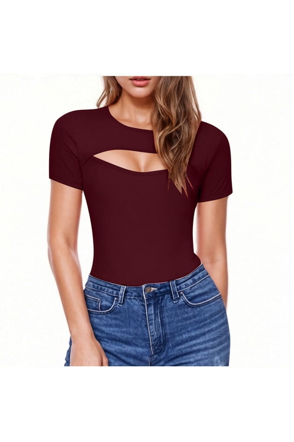 Cut Out Tops for Women,Crewneck Crop Top ,Slim Fitted T-Shirts Going Out Tops Wine,Womens Plus M