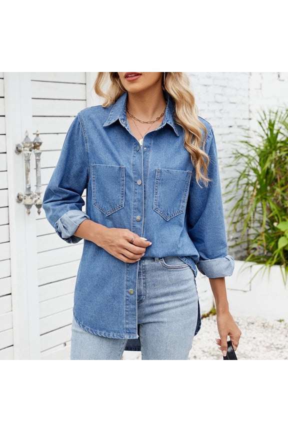 Denim Button Down Shirts for Women , Long Sleeve Relaxed Fit Jean Shirt Jacket Shacket Light Blue,Womens Plus M