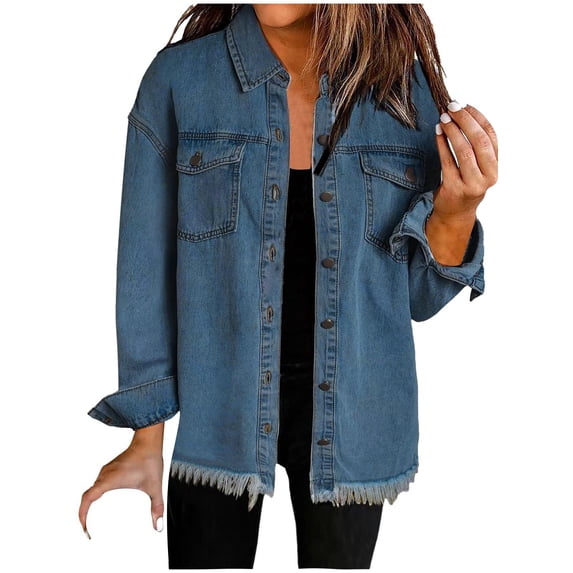 ClodeEU Denim Jacket for Women, Oversized Button Down Casual Denim Coat,Long Sleeve Frayed Hem Western Trendy Blue,Womens Plus M
