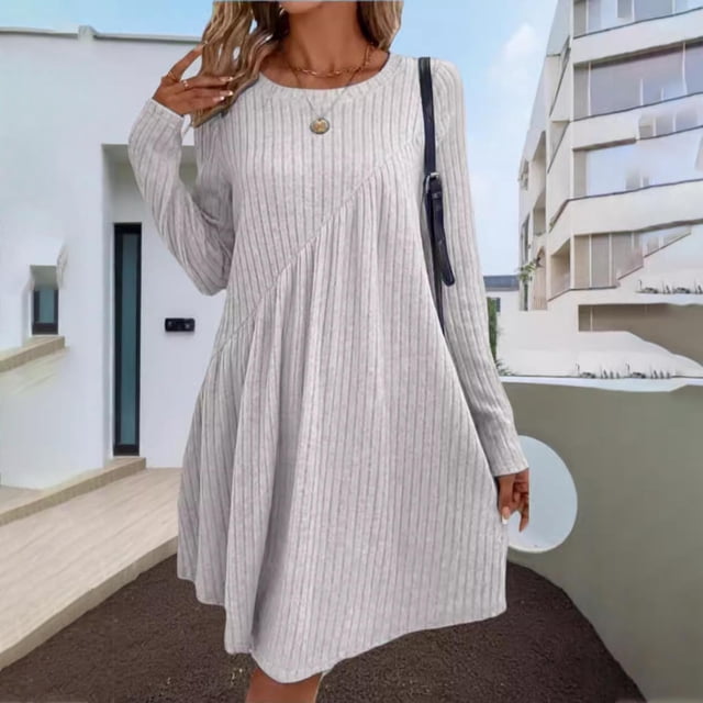 ClodeEU Dresses for Women,Fashion Solid Color Round Neck Dress, Pleated Long Sleeved Mid Length Dress Gray,Womens Plus M