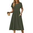 thumbnail image 1 of ClodeEU Dresses for Women ,Short Sleeve Petal Sleeve Dress ，Round Neck A-Line Midi Dresses with Pockets Army Green,Womens Plus L, 1 of 7