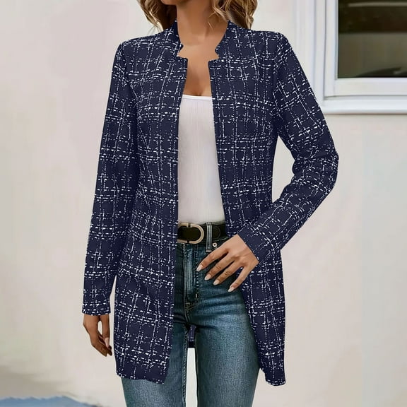 ClodeEU Elegant Tweed Blazer Jacket for Women,Open Front Stand Collar,Business Casual Work Office Coat Blue,Womens Plus XXL