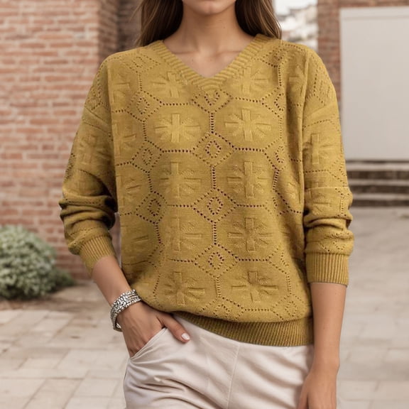 ClodeEU Fall Sweaters for Women,Long Sleeve Knit Pullover,V Neck Sweater Casual Tops Yellow,Womens Plus XL