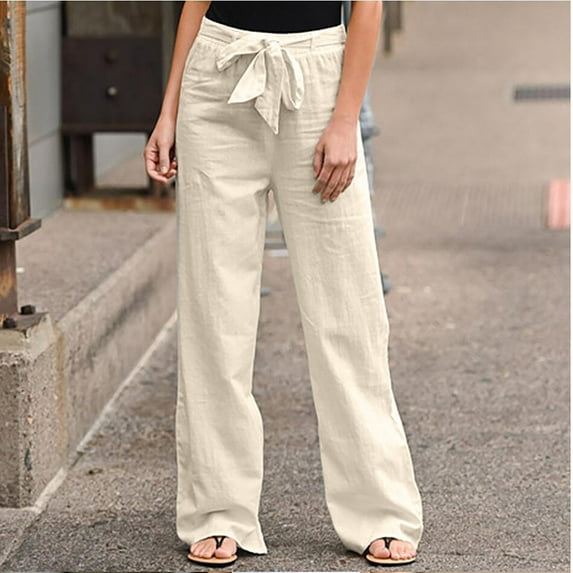ClodeEU Fashion Women Solid Color Linen Sashes Straight Casual Long Pants Trousers