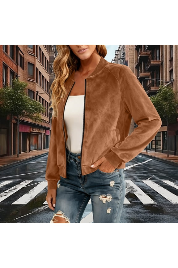 Faux Suede Cropped Coat for Women's, Zip Up Lightweight Bomber Jackets,Vintage Trendy Jackets Coffee,Womens Plus S