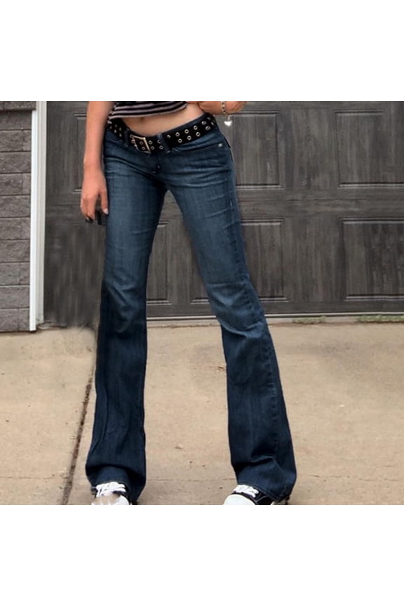 Flared Leg Denim Pants for Women,Low Waisted Wide Leg Jeans Pants,Fashion Slim-Fit Jeans Blue,Womens Plus M