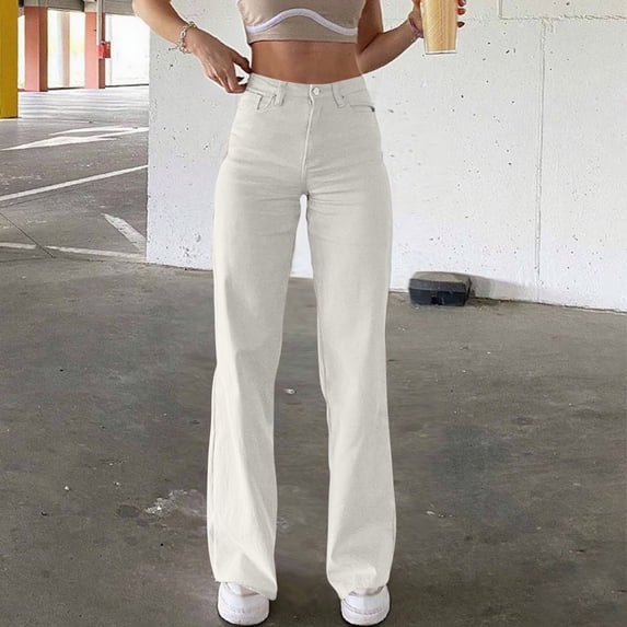 ClodeEU High Waisted Straight Leg Jean For Women,Stretchy Pants Jeans,Button Denim Trouse White,Womens Plus M