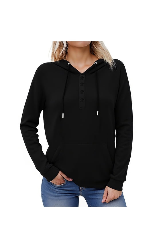 Hoodies For Women ,Front Quarter Button Hooded Sweatshirt, Long Sleeve Drawstring Hooded Sweatshirt Black,Womens Plus XL