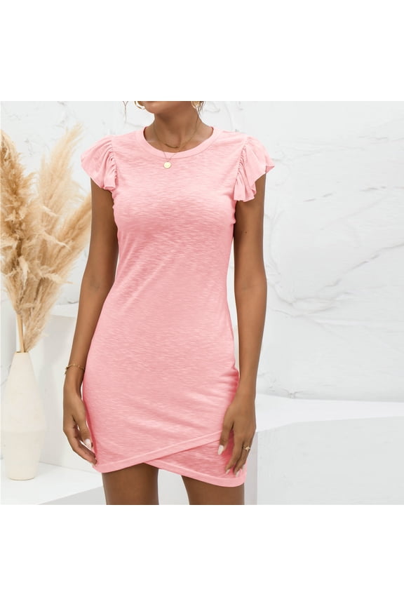 Ladies Solid Color O-Neck Flying Sleeveless Vest Cross Casual Mini Dress (Pink 4(S))