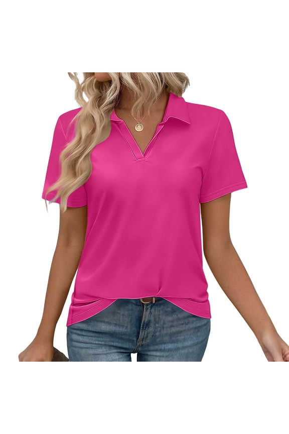 Lapel Shirt Collar V-Neck Top for Women,Short Sleeve Tunic T Shirt for Smart Casual And Office Wear Hot Pink,Womens Plus L