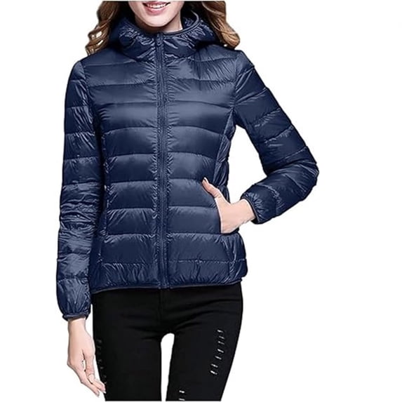 ClodeEU Lightweight Hooded Padded Coat For Women, Long Sleeve Zip Up Puffer Jacket with Pockets Navy,Womens Plus XL