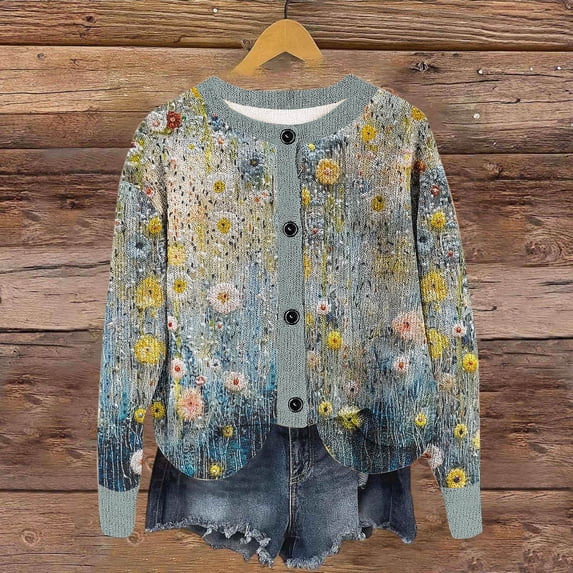 ClodeEU Long Sleeve Cardigan Sweater For Women, Floral Print Round Neck Button Front Sweaters Dark Blue 01,Womens Plus L