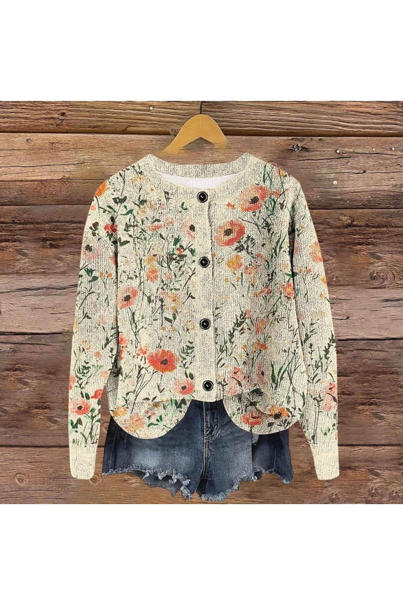 Long Sleeve Cardigan Sweater For Women, Floral Print Round Neck Button Front Sweaters Khaki 01,Womens Plus M