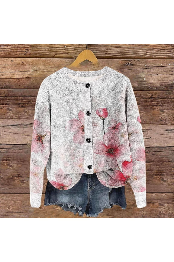 Long Sleeve Cardigan Sweater For Women, Floral Print Round Neck Button Front Sweaters Pink 01,Womens Plus M