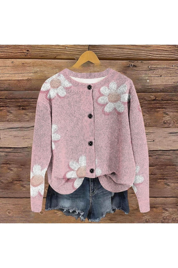 Long Sleeve Cardigan Sweater For Women, Floral Print Round Neck Button Front Sweaters Pink 02,Womens Plus XL