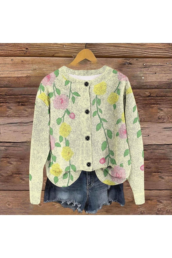 Long Sleeve Cardigan Sweater For Women, Floral Print Round Neck Button Front Sweaters Yellow 02,Womens Plus L
