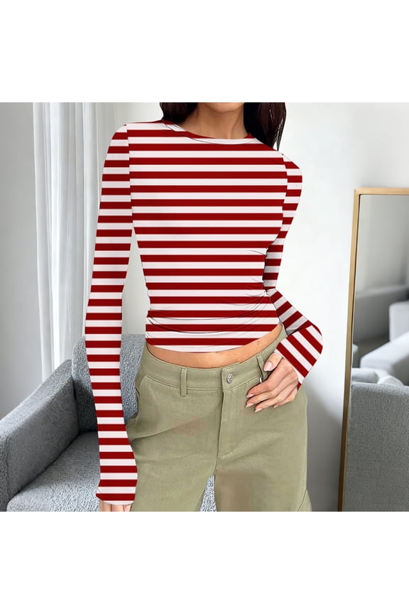 Long Sleeve Crop Tops for Women ,Crewneck Fitted Cute Shirts Y2k Tight Workout Blouses Watermelon Red,Womens Plus XXL