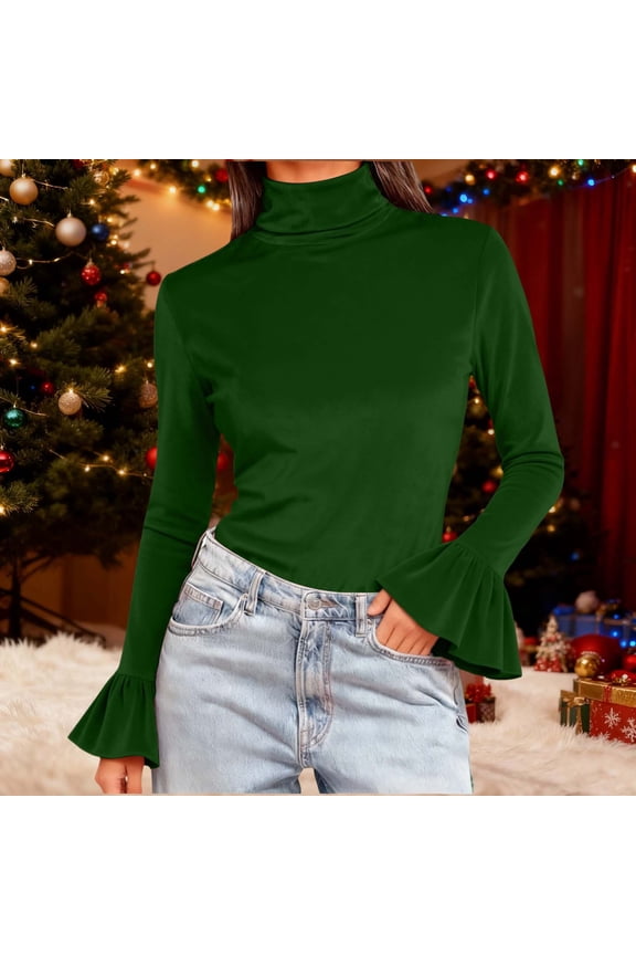 Long Sleeve High Neck Velvet Shirts for Women, Bell Sleeve Tops Basic Tee Blouse Army Green,Womens Plus XXL