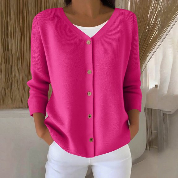ClodeEU Long Sleeve Soft Knit Cardigan For Women,V Neck Button Casual Loose Sweater Hot Pink,Womens Plus XXXXL