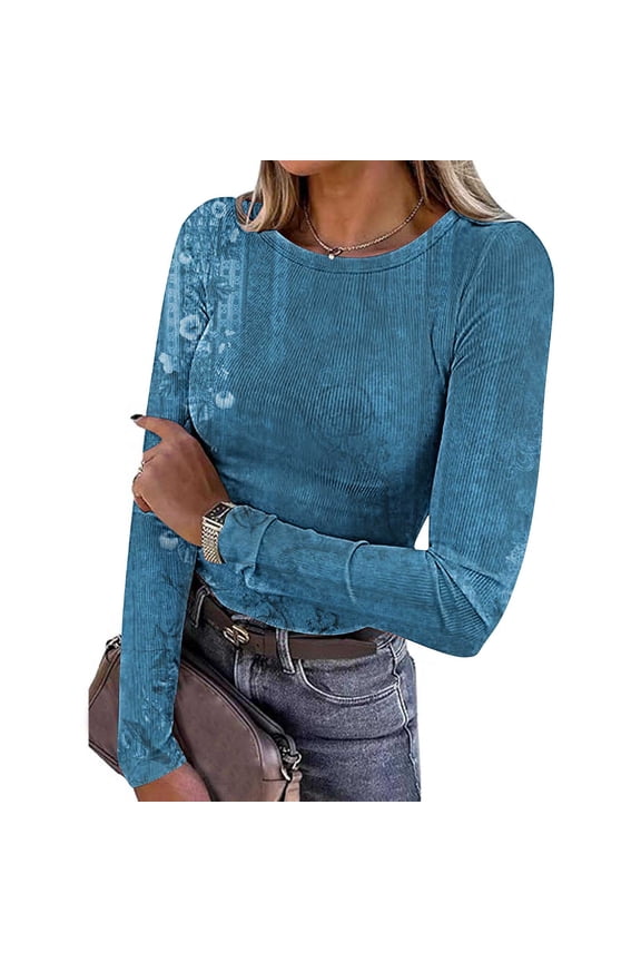 Long Sleeve T Shirts for Women ,Crew Neck Thermal Shirts ,Ribbed Knit Slim Fit Tee with Print Blue 02,Womens Plus M