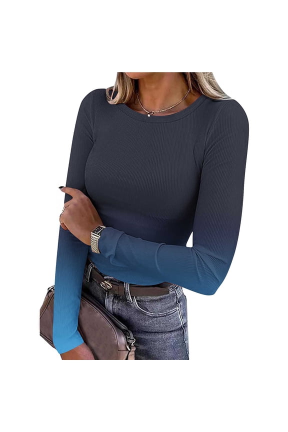 Long Sleeve T Shirts for Women ,Crew Neck Thermal Shirts ,Ribbed Knit Slim Fit Tee with Print Dark Blue 01,Womens Plus L
