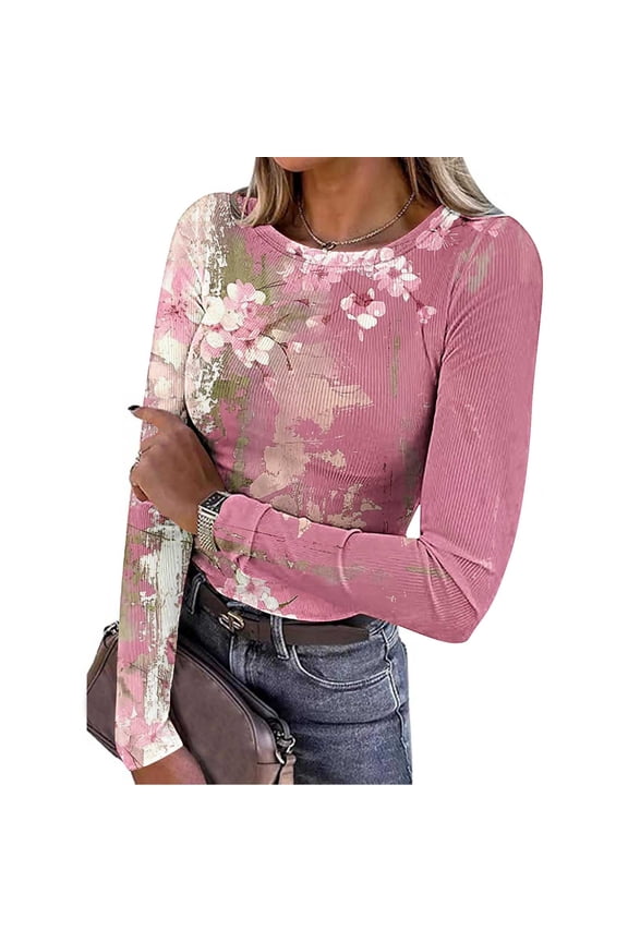 Long Sleeve T Shirts for Women ,Crew Neck Thermal Shirts ,Ribbed Knit Slim Fit Tee with Print Pink 13,Womens Plus M