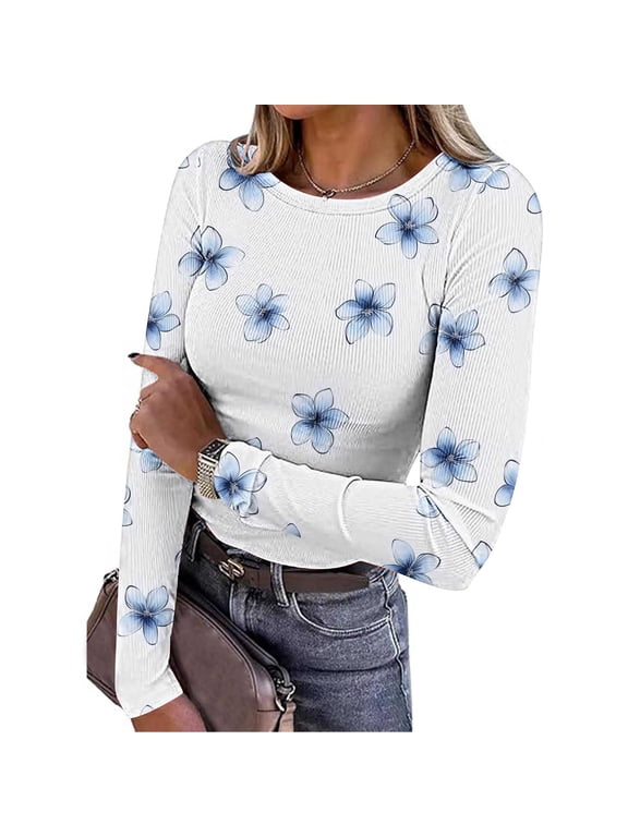 Long Sleeve T Shirts for Women ,Crew Neck Thermal Shirts ,Ribbed Knit Slim Fit Tee with Print White 04,Womens Plus M