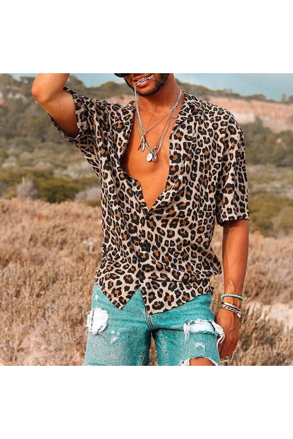 Men'S Baggy Beach Leopard Print Short Sleeve Button Retro T Shirts tops Blouse (Brown M)
