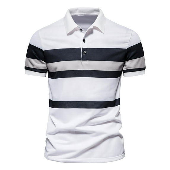 ClodeEU Men Short-Sleeved Turn-Down Collar Striped Buttons Blouse Polo-Shirt tops (Gray 8(L))