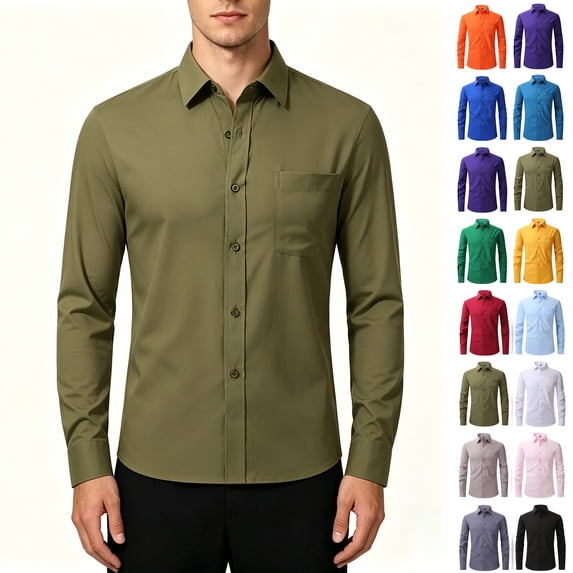 ClodeEU Men’s Classic Long Sleeve Button Down Dress Shirt, Stretch Solid Collar Dress Shirt with Pocket,Big and Tall ,Size S-2XL