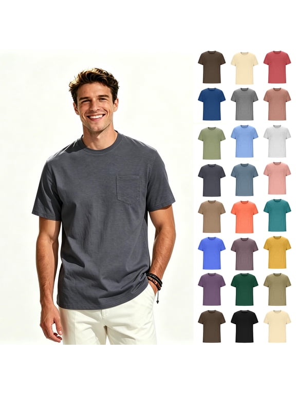 Men's Crew Neck Short Sleeve T-Shirt with Chest Pocket,Mens Regular Fit Everyday Layering Pocket Tee,Big and Tall Gray,Size S-4XL