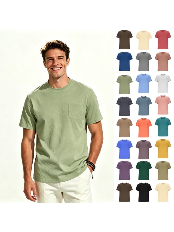 Men's Crew Neck Short Sleeve T-Shirt with Chest Pocket,Mens Regular Fit Everyday Layering Pocket Tee,Big and Tall Green,Size S-4XL