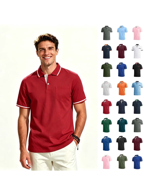 Men's Pocket Short Sleeve Polos, Everyday Lightweight Casual Work Pocket Dress Shirt,Big and Tall ,Size S-5XL