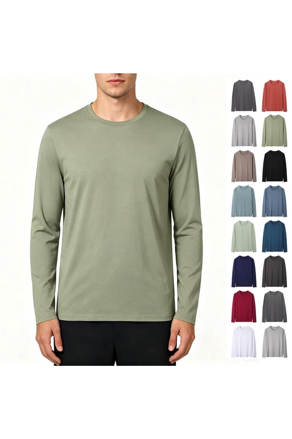 Men's Solid Crew Neck Basic Long Sleeve T-Shirt, Lightweight Everyday Ribbed Crew Neck Tee, Big and Tall, Size M-5XL