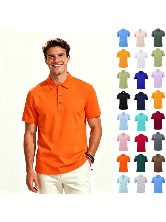 Men's Solid Short Sleeve Polos, Everyday Lightweight Casual Work Polos Shirt for Mens ,Big and Tall Orange,Size S-4XL