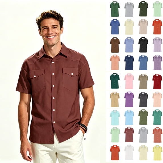ClodeEU Men's Western Short Sleeve Dual Chest Flap Pocket Button Down Shirt,Big and Tall ,Size S-5XL