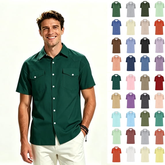 ClodeEU Men's Western Short Sleeve Dual Chest Flap Pocket Button Down Shirt,Big and Tall ,Size S-5XL