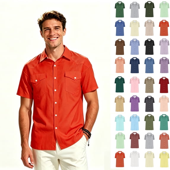 ClodeEU Men's Western Short Sleeve Dual Chest Flap Pocket Button Down Shirt,Big and Tall ,Size S-5XL