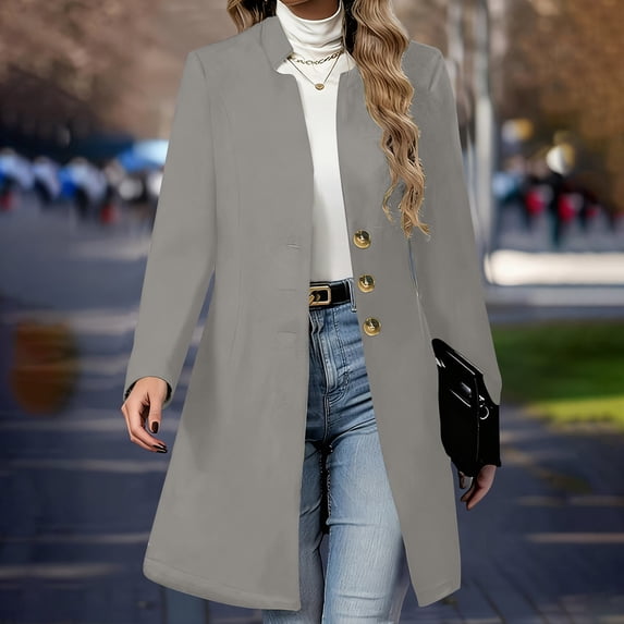 ClodeEU Mid Length Overcoat for Women's,Single Breasted Stand Collar Elegant Winter Coats Tops Gray,Womens Plus S