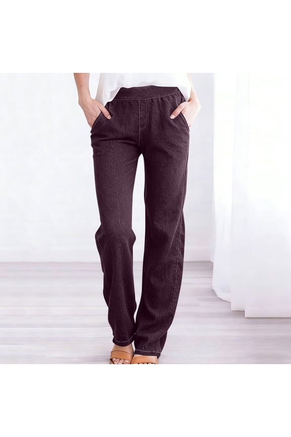 Pants for Women,Elastic High Waist Pull On Straight Leg Slacks Fall Trousers with Pockets Wine,Womens Plus L