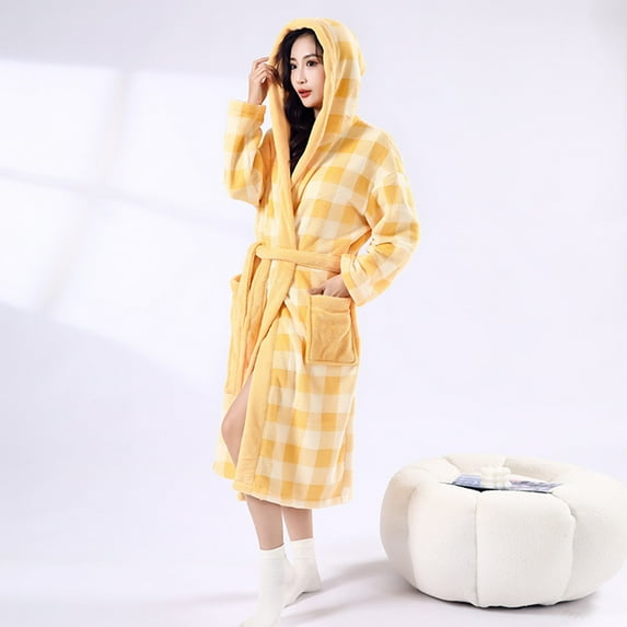ClodeEU Plaid Plush Robes for Women,Long Fleece Fuzzy Bathrobe,Warm Soft Fluffy Bathrobes Yellow,Womens Plus Free Size