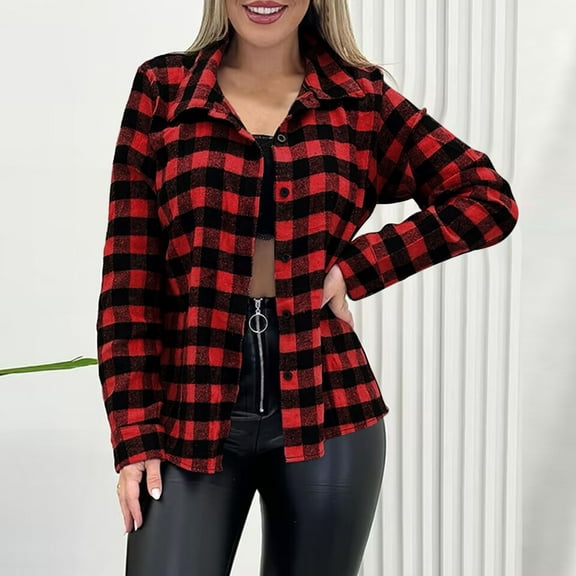 ClodeEU Plaid Shirts for Women,Long Sleeve Button Down Blouse,Fashiong Casual Checkered Blouse Tops Red,Womens Plus M
