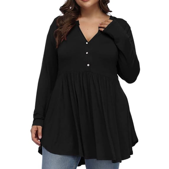 ClodeEU Plus Size V Neck Ruffled Blouse for Women, Long Sleeve Button Front Top Black,Womens Plus L