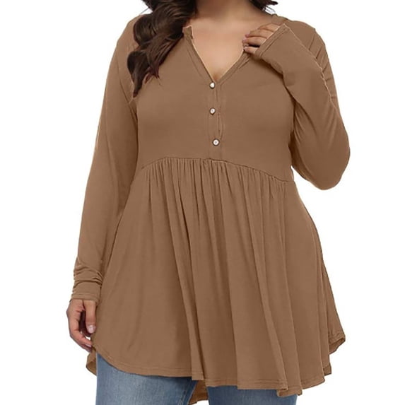 ClodeEU Plus Size V Neck Ruffled Blouse for Women, Long Sleeve Button Front Top Coffee,Womens Plus XXXXL