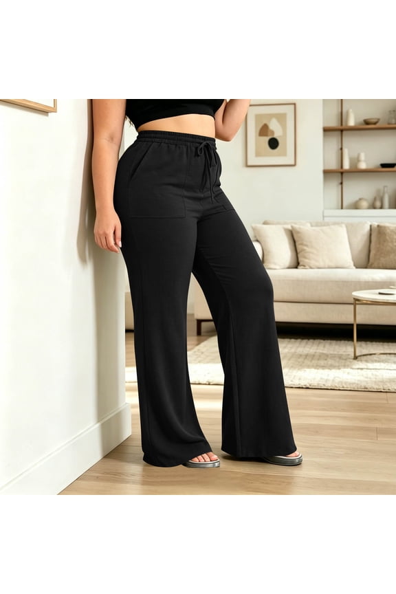 Plus Size Women's Drawstring Elastic Waist Straight Leg Pants with Pockets ,Casual Solid Color Long Trousers Black,Women's Plus XXXXL