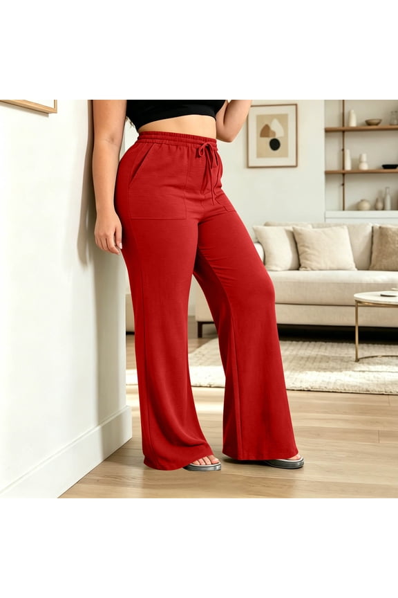 Plus Size Women's Drawstring Elastic Waist Straight Leg Pants with Pockets ,Casual Solid Color Long Trousers Red,Women's Plus XXXL